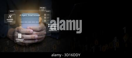 Mobile AI assistant browser where artificial intelligence automates user actions such as online booking and payment, symbolizing innovation, smart con Stock Photo