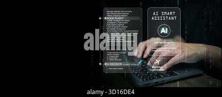 Artificial intelligence smart assistant browser performing decision-making tasks, analyzing data to choose and confirm flight bookings automatically. Stock Photo