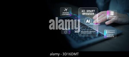 Person interacting with AI smart browser dashboard performing tasks including booking, summarizing, and product comparison. Innovation, efficiency, an Stock Photo