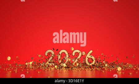 golden 2026 text under golden confetti and fireworks - 3D rendering - black background Stock Photo