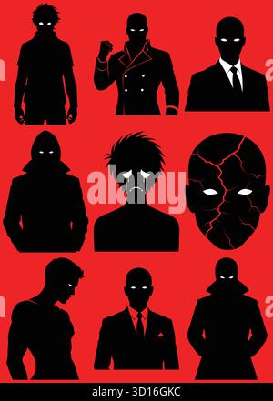 Dark Silhouette Characters with Glowing Eyes on Red Background - Mysterious Shadow Figures Concept Art Stock Vector