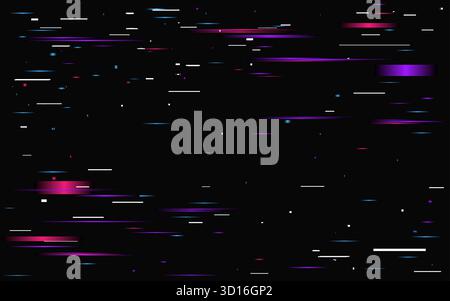 Glitch modern pattern. Abstract neon lines and shapes on dark background. Geometric color elements with noise effect. Video distortion template with b Stock Vector