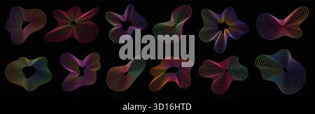 Amorphous shapes. Abstract neon dynamic shape, 3d line wave pattern, radial technology ripple texture. Music pulse color fluid gradient. Digital sound flow visual effect. Vector set. Stock Vector