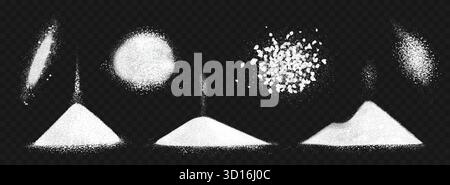 Sugar heap. Salt sea powder pile top view, realistic white crystal sand, falling flour grains, baking soda flake bulk, salty spice. Snow hill. Vector isolated on transparent background. Stock Vector