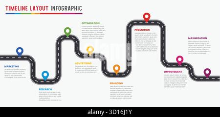 Infographic road map. Business journey roadmap timeline, progress presentation layout, creative workflow process. Marketing and improvement diagram with 8 options. Vector concept. Stock Vector