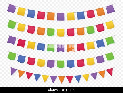 Color bunting flags. Birthday party carnival paper banner garland. 3D realistic festive kids holiday decoration, decorative vintage border. Vector festoon isolated mockup. Stock Vector