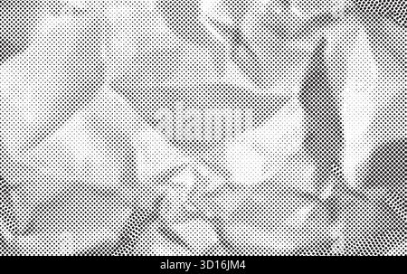 Halftone crumpled paper. Old newspaper pattern, grunge grain comic overlay. Vintage dotted crinkled background, wrinkled gritty material for manga collage. Vector texture. Stock Vector