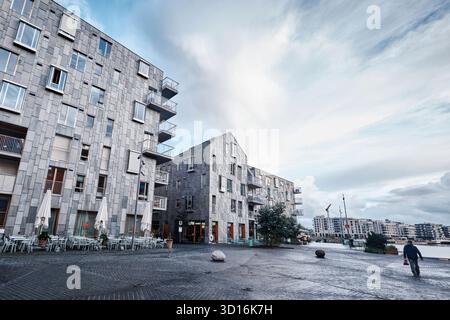 Aerial view of modern residential apartment buildings with grey metal ...