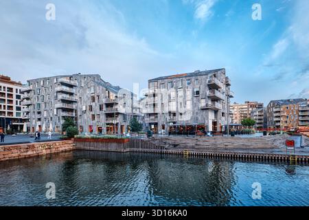Aerial view of modern residential apartment buildings with dark metal ...
