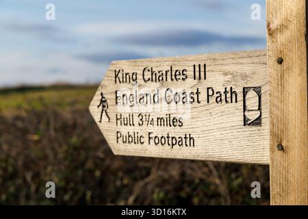 Signpost for the King Charles III England Coast Path, Fort Paull, Hull, England, UK Stock Photo