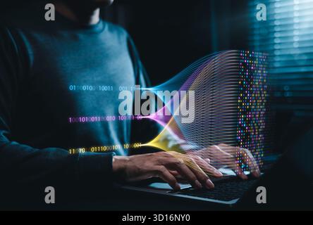 Data processing and big data analytics concept. Binary code streams and data flow. Ideal for AI artificial intelligence, machine learning, data scienc Stock Photo