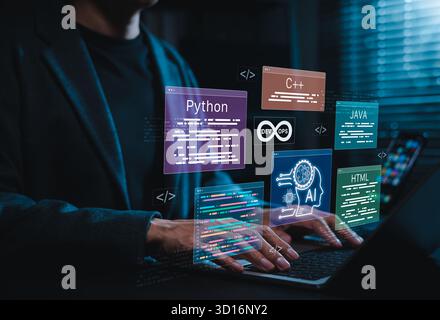 Programming and software development concept. Developer working with code including Python, Java, C++, HTML, DevOps, symbolizing modern coding, Stock Photo