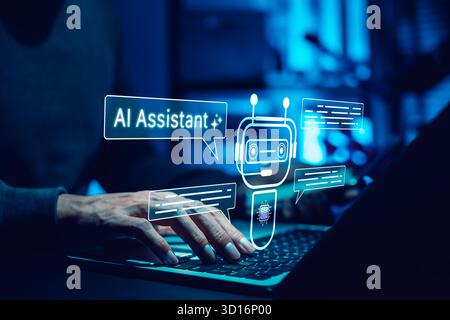 AI assistant chatbot concept. Person using laptop with robot icons and message bubbles, symbolizing artificial intelligence, virtual support, Stock Photo