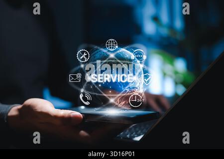 Global digital service concept. Icons of support, communication, 24/7 assistance on virtual screen. symbolizing online helpdesk, customer support, IT Stock Photo