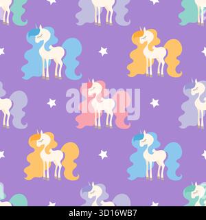White unicorns with rainbow manes and stars on a purple background. Suitable for fabric designs, wallpaper, backdrops, wrapping paper, etc. Vector Stock Vector