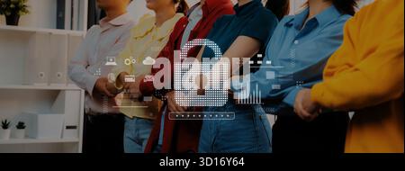 A diverse group of individuals stands confidently together, symbolizing unity in a digital workspace. The overlay of a padlock image signifies securit Stock Photo