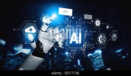 A generative AI assistant showcases its cognitive platform. This system powers conversational chatbots and intelligent cloud data processing for user Stock Photo