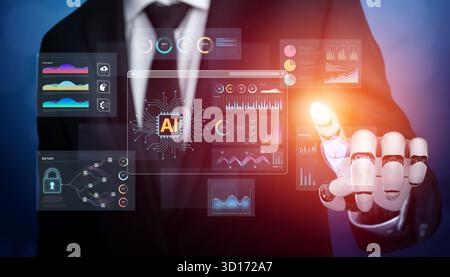 A generative AI assistant creates and manages a business intelligence dashboard. The system provides real-time data analytics, predictive visualizatio Stock Photo
