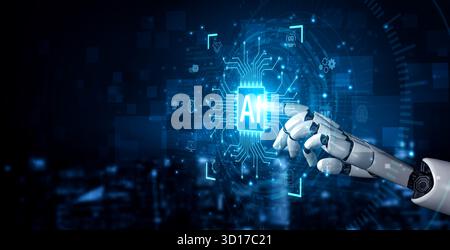 A generative AI assistant displays its integration platform. The system's core processor automates business processes like chatbot services and contra Stock Photo