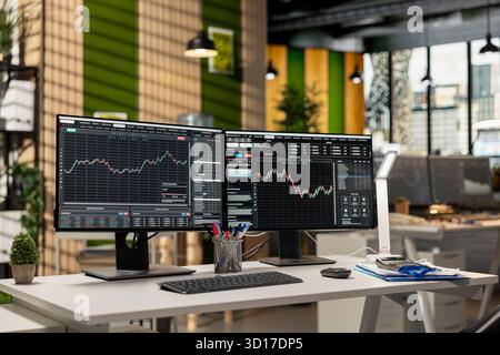 Computer monitors in forex company office displaying stock exchange price charts. PC screens showing with stock market financial software trading platform interface in prop firm workspace Stock Photo