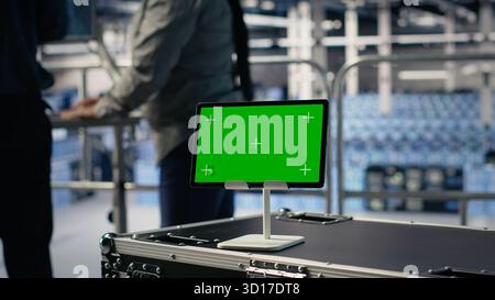 Data center IT professionals check AI dashboard using isolated screen tablet. Server room developers test artificial intelligence tools on chroma key device to ensure reliable performance, camera B Stock Photo