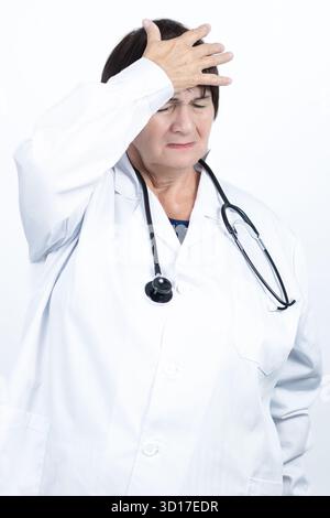 Female doctor in lab coat clutching forehead in a studio portrait, showing intense headache, stress and fatigue from overwork Stock Photo