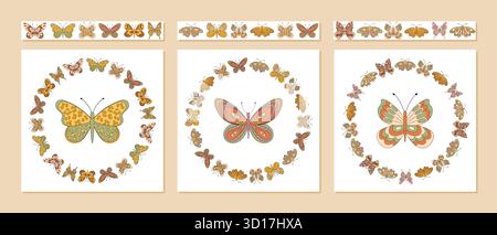 Groovy Retro Butterfly Seamless Border Set Stock Vector