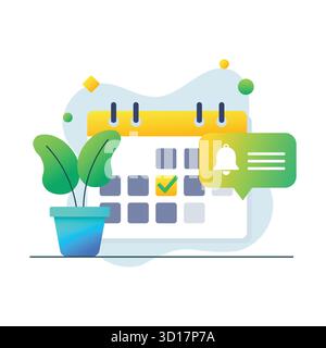 Calendar with a plant and a notification bell, symbolizing scheduling, appointments, and reminders Stock Vector