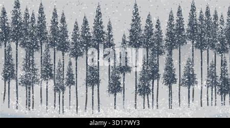 Pine trees are seen during a winter snowstorm Stock Vector