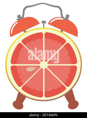 Good morning alarm clock and a breakfast of grapefruit is seen in a vector. Stock Vector
