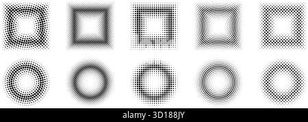 Halftone pixel frames set. Dotted textured round and square borders. Cartoon faded boarders collection. Vector comic bundle gradient shapes. Raster bitmap element pack for poster, collage, banner.  Stock Vector