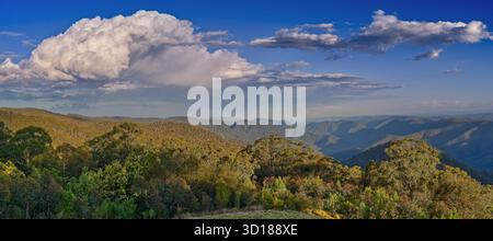 View of large cumulonimbus storm cloud building over mountain ranges from Raspberry lookout Gibraltar Range National Park, NSW, Australia Stock Photo