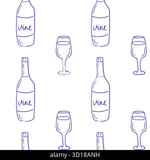 Stylized design showcases various wine bottles and glasses in a repeated pattern, perfect for wine-themed decor or branding. The illustration uses a s Stock Vector
