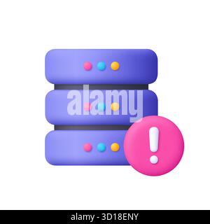 Purple server rack with and exclamation mark warning symbol. Data center, server error, system failure, database issue, IT and cybersecurity concept. Stock Vector