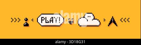 Pixel art Y2K white and yellow arrows, speech bubble, play button and cute cloud. Stock Vector