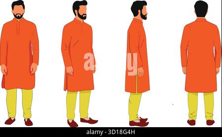 Stylish male character wearing traditional kurta pajama shown in front, side, and back views for fashion design, modeling, and character reference Stock Vector