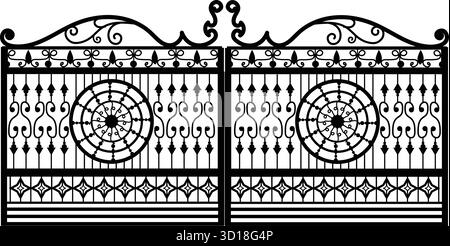 Beautiful wrought iron double gate with circular floral patterns and scroll details, perfect for architecture, garden, or classic entrance illustration. Stock Vector