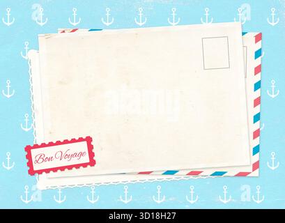 Horizontal travel background with retro postcard on vintage paper of blue color and anchors pattern. Bon Voyage - Have a nice trip, in French. Topic o Stock Photo