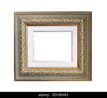 Vintage gilded wood frame with carved decorative border. Vertical or horizontal retro old picture frame with passe-partout. Mock up template. Copy spa Stock Photo