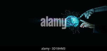 Human hand and robotic arm reaching digital artificial intelligence brain, representing tech collaboration, ai and human connection, neural networks, Stock Photo