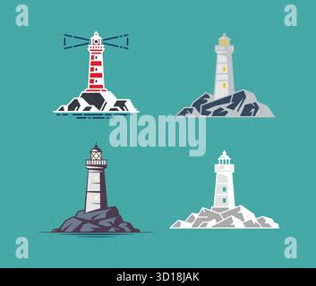 Set of lighthouse vector icons on rocks Stock Vector