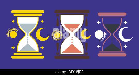 Hourglasses showing passage of time from day to night Stock Vector