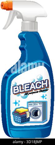 Vector illustration of blue bleach spray bottle with laundry icons, clean modern style, white background Stock Vector