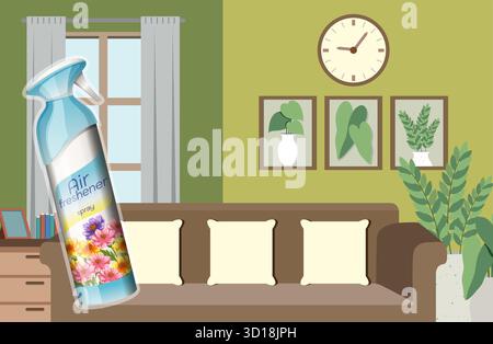 Vector illustration of air freshener spray bottle in cozy, plant-filled living room setting Stock Vector
