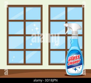 Vector illustration of glass cleaner spray bottle with sparkling clean windows, flat style, bright colors Stock Vector