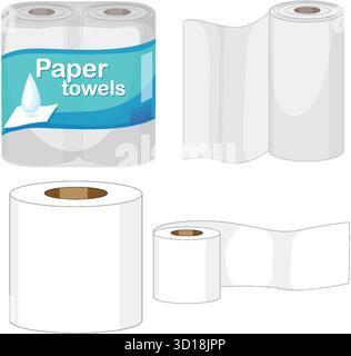 Vector illustration of paper towel rolls, packaged and unrolled, with clean, minimal color palette Stock Vector