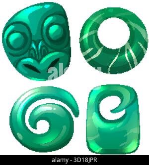 Stylized Maori pounamu pendants with glossy jade texture, vibrant green hues, and clean vector lines Stock Vector