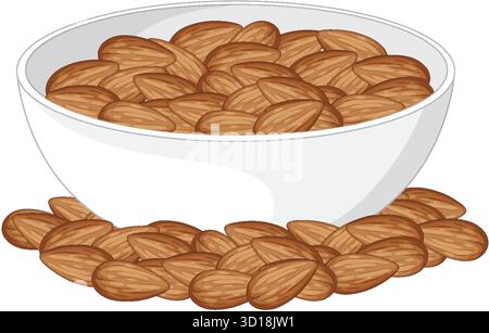 Vector illustration of whole raw almonds in a white bowl, some spilling onto clean surface. Stock Vector