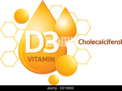 Bright vector design of vitamin D3 cholecalciferol with geometric shapes and orange gradients Stock Vector
