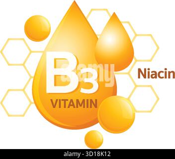 Bright vector illustration of vitamin B3 niacin with orange droplets and hexagonal background elements Stock Vector